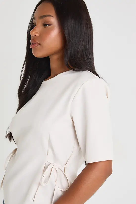 boohoo Woven Marl Bow Detail Cinch Waist Top