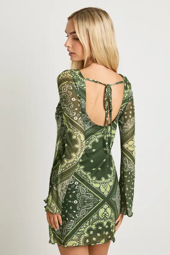 boohoo Mesh Paisley Flare Sleeve Mini Dress