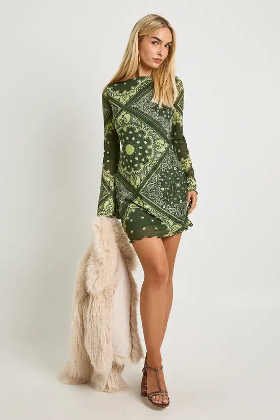 boohoo Mesh Paisley Flare Sleeve Mini Dress