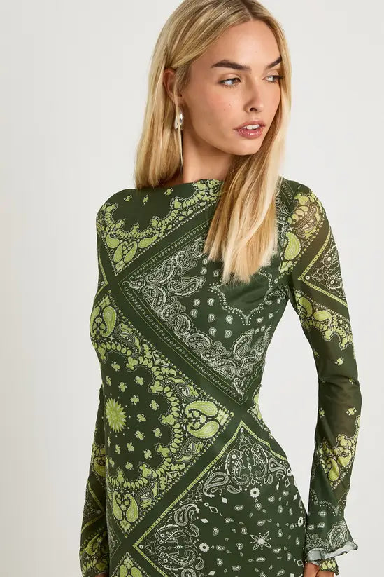 boohoo Mesh Paisley Flare Sleeve Mini Dress