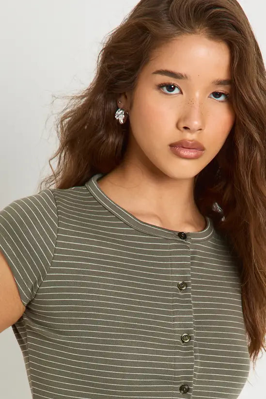 Boohoo - Stripe Button Through Cap Sleeve Top
