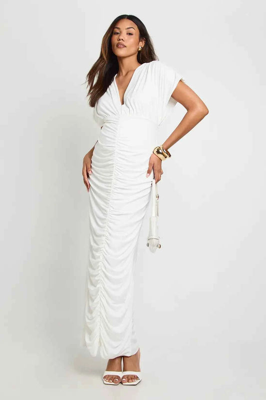 Boohoo - Maternity Double Layer Ruched Plunge Batwing Maxi Dress