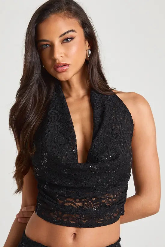boohoo Sequin Lace Cowl Neck Top