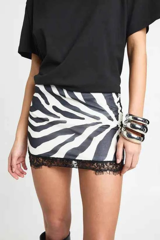 boohoo Zebra Print Mesh Low Rise Lace Trim Mini Skirt