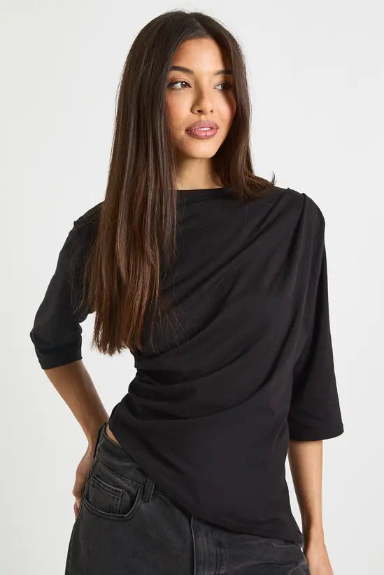boohoo Asymmetric Hem Cinched Waist 3/4 Sleeve T-shirt