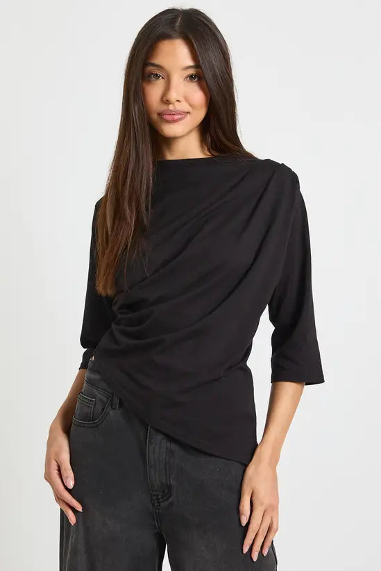 boohoo Asymmetric Hem Cinched Waist 3/4 Sleeve T-shirt