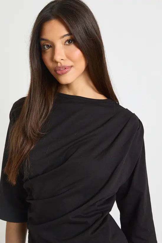 boohoo Asymmetric Hem Cinched Waist 3/4 Sleeve T-shirt
