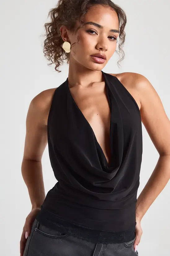 boohoo Double Layer Slinky Cowl Neck Lace Trim Top