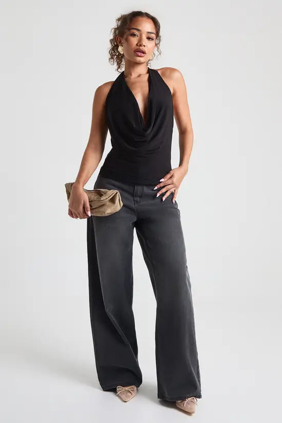 boohoo Double Layer Slinky Cowl Neck Lace Trim Top