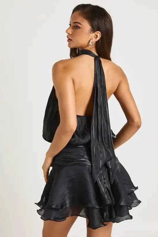Boohoo Textured Satin Ruched Frill Skirt Halterneck Mini Dress