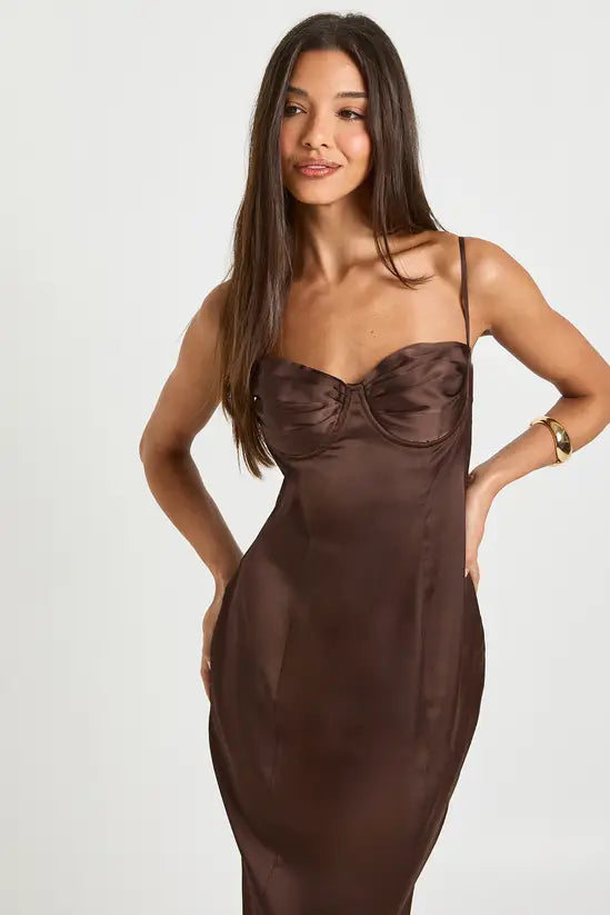 boohoo Ruched Cup Satin Midi Dress