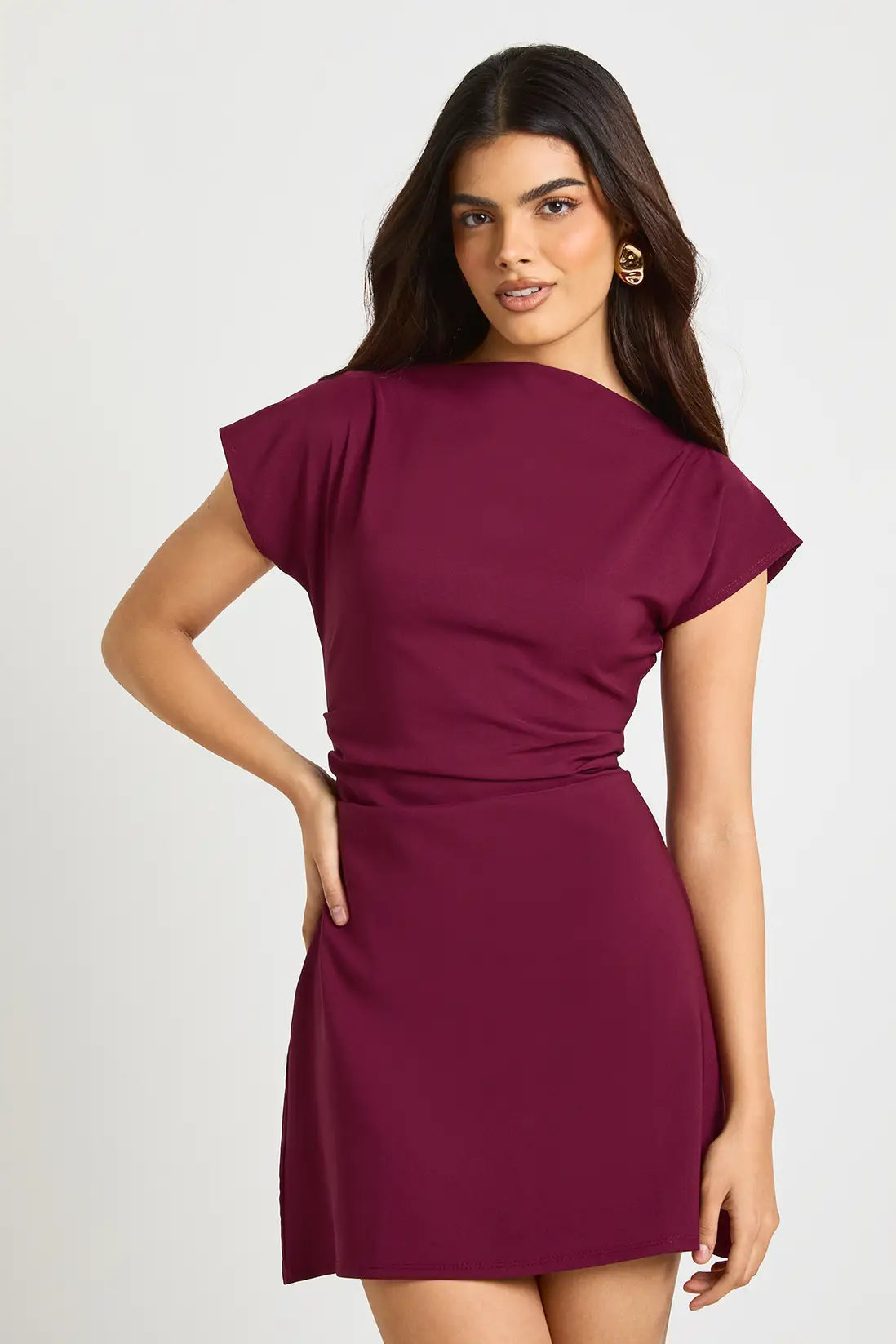 boohoo Ruched High Neck Cap Sleeve Shift Dress