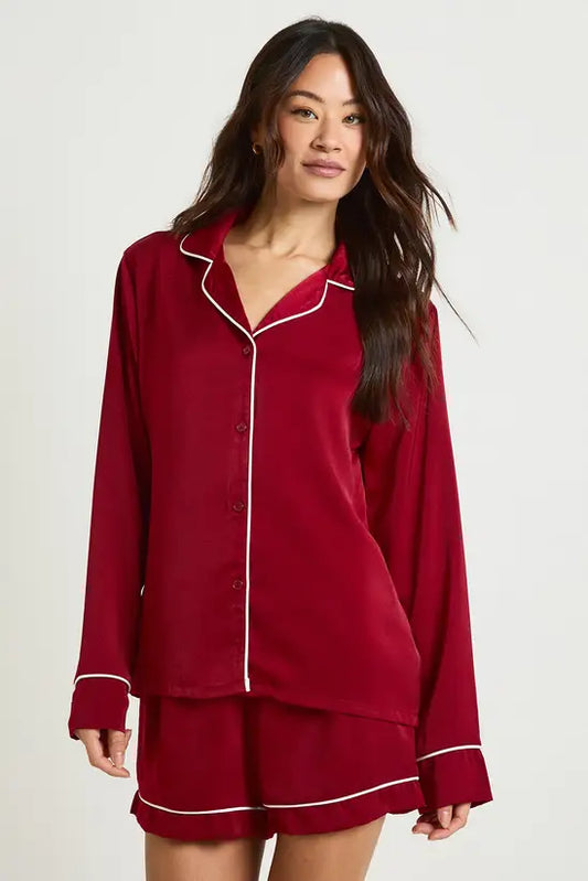 boohoo Tall Satin Piping Detail Long Sleeve Shirt & Shorts Pyjama Set