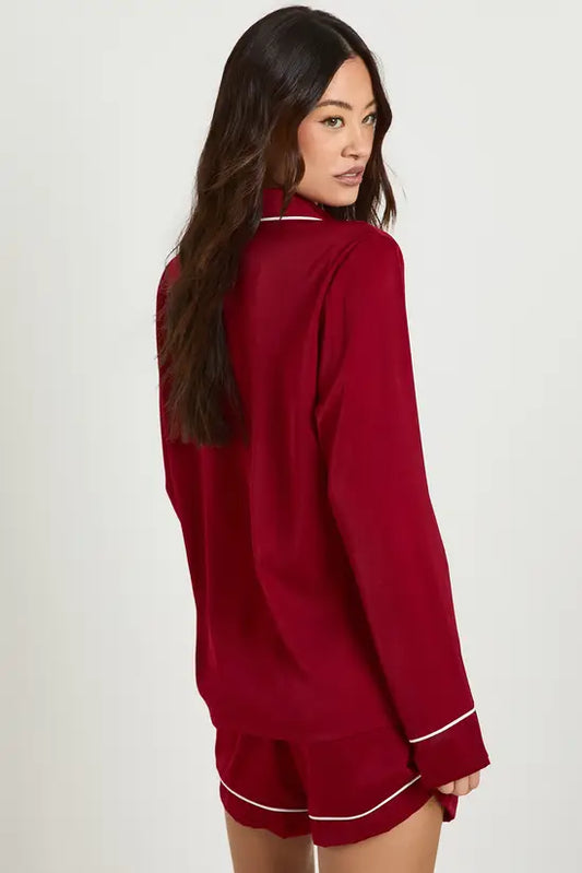 boohoo Tall Satin Piping Detail Long Sleeve Shirt & Shorts Pyjama Set