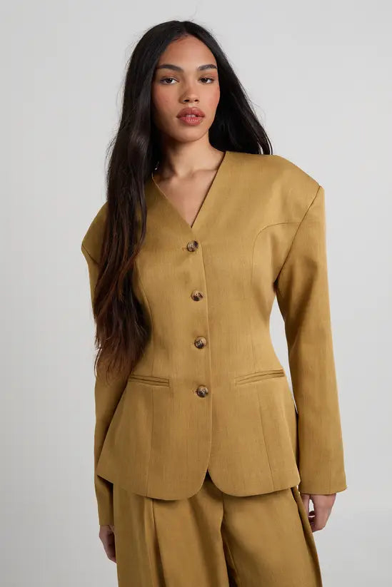 boohoo High Neck Collarless Cinched Blazer