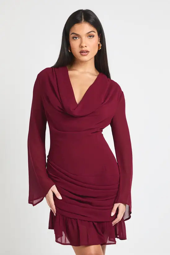 boohoo Cowl Long Sleeve Mini Dress