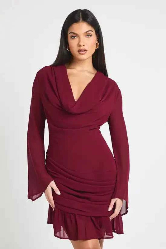 boohoo Cowl Long Sleeve Mini Dress