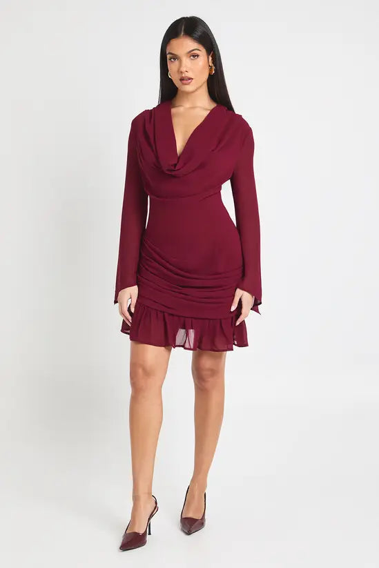 boohoo Cowl Long Sleeve Mini Dress