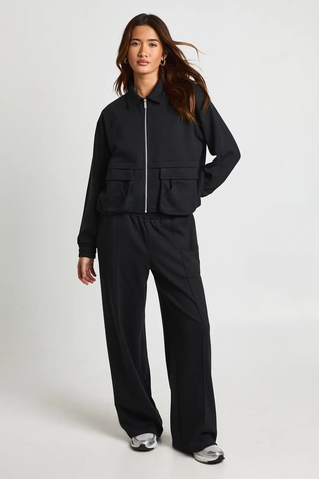 boohoo Interlock Cargo Pocket Zip Through Bomber Sweatshirt