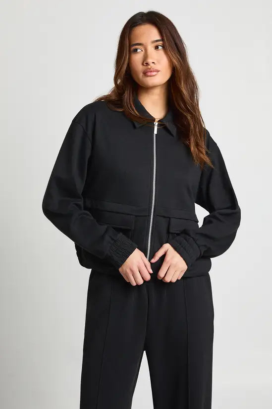 boohoo Interlock Cargo Pocket Zip Through Bomber Sweatshirt
