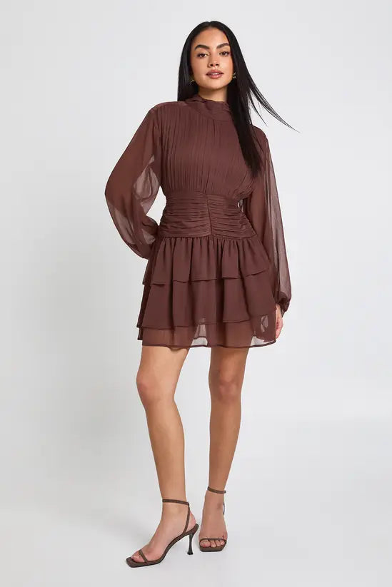 boohoo High Neck Gathered Chiffon Mini Dress