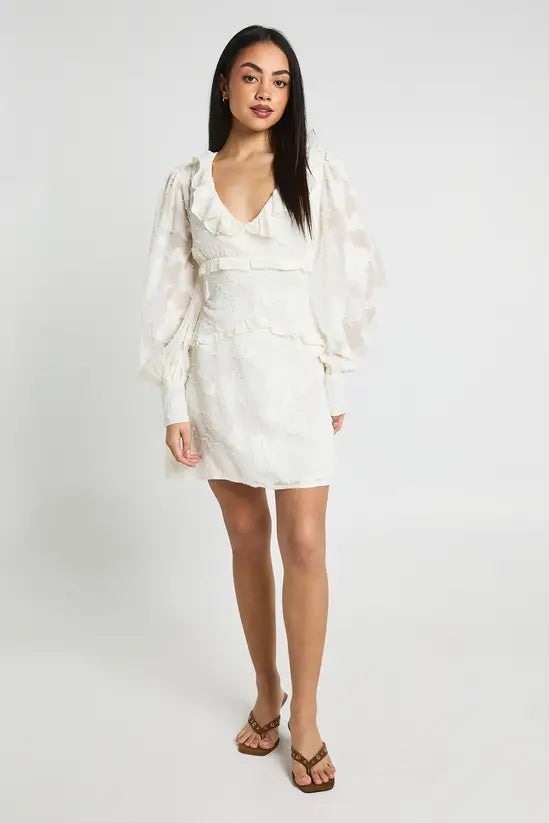 Boohoo - Burnout Ruffle Detail Volume Sleeve Mini Dress