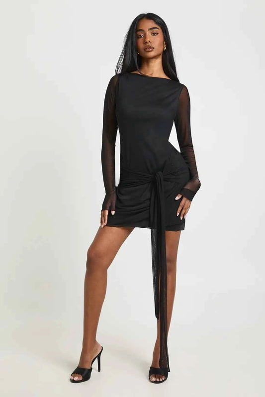 boohoo Knot Detail Long Sleeve Mini Dress