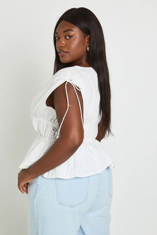 boohoo Plus Shirred Deep V Neck Poplin Top