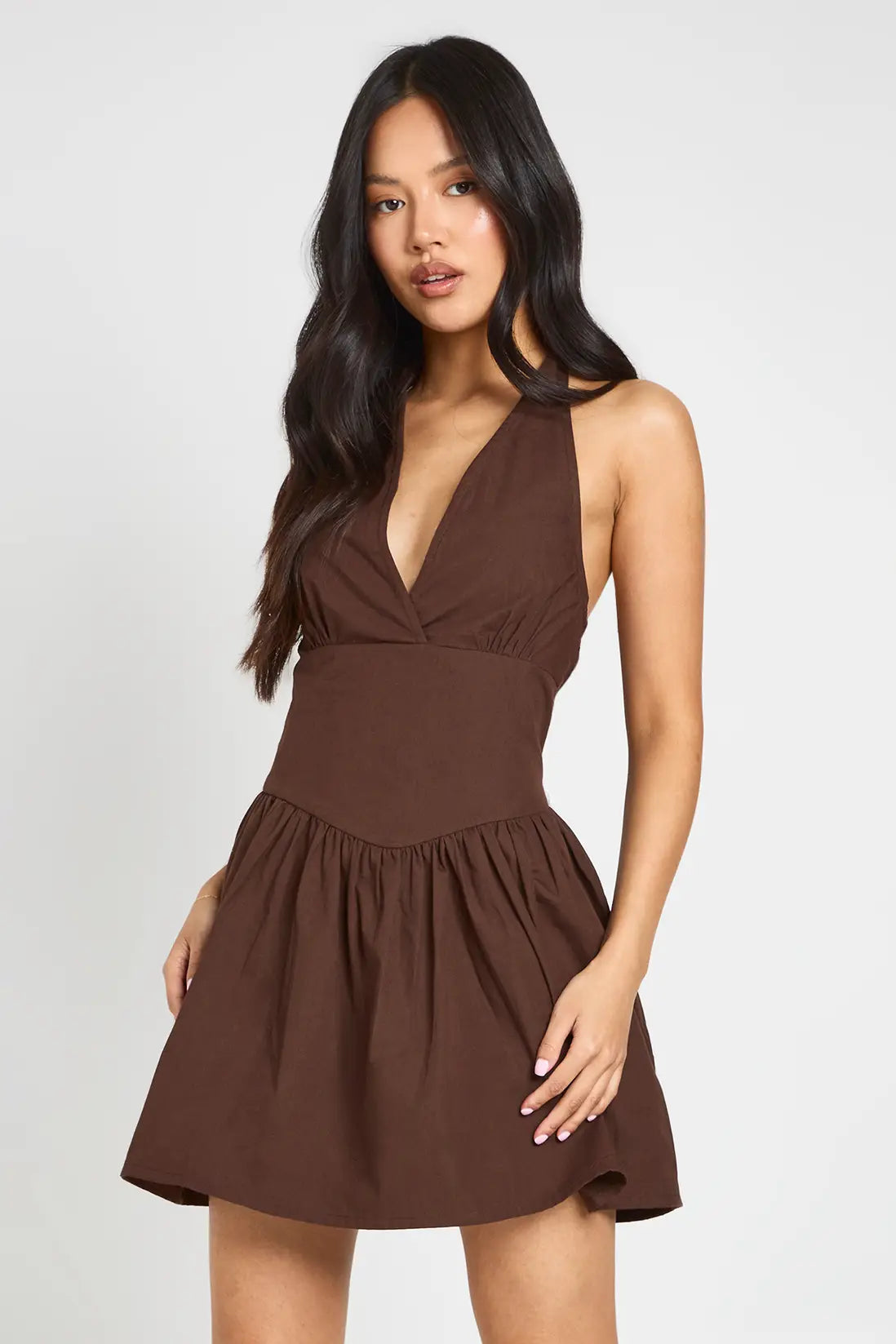 boohoo Petite Cotton Poplin Halter Neck Pleated Mini Dress
