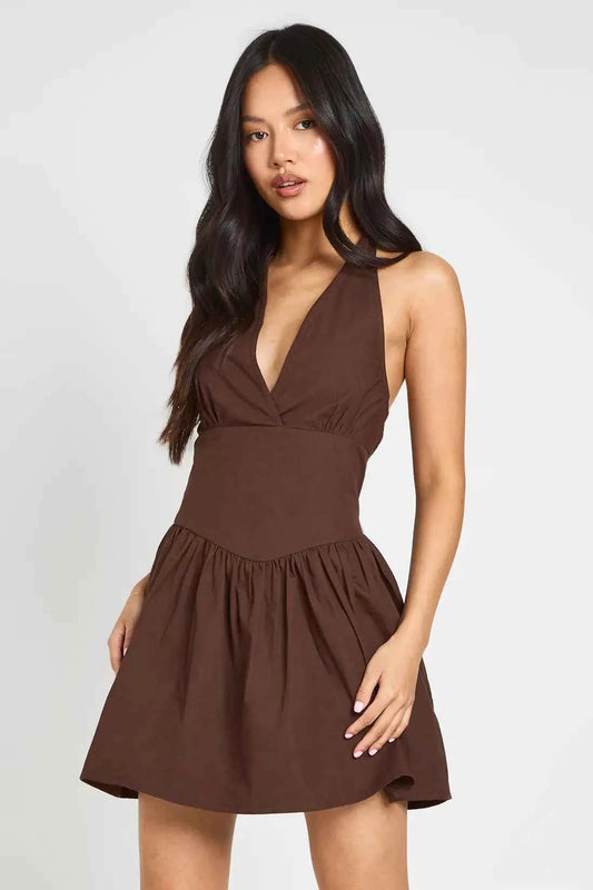 boohoo Petite Cotton Poplin Halter Neck Pleated Mini Dress