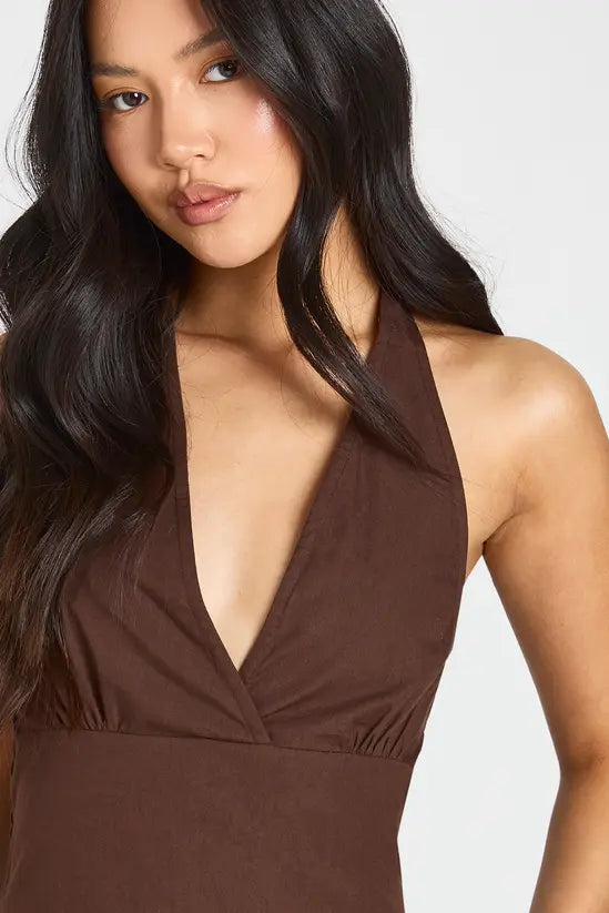 boohoo Petite Cotton Poplin Halter Neck Pleated Mini Dress