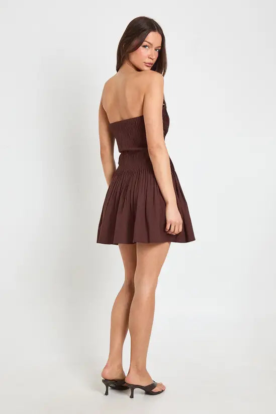 BOOHOO LINEN PLEATED BANDEAU SKATER DRESS