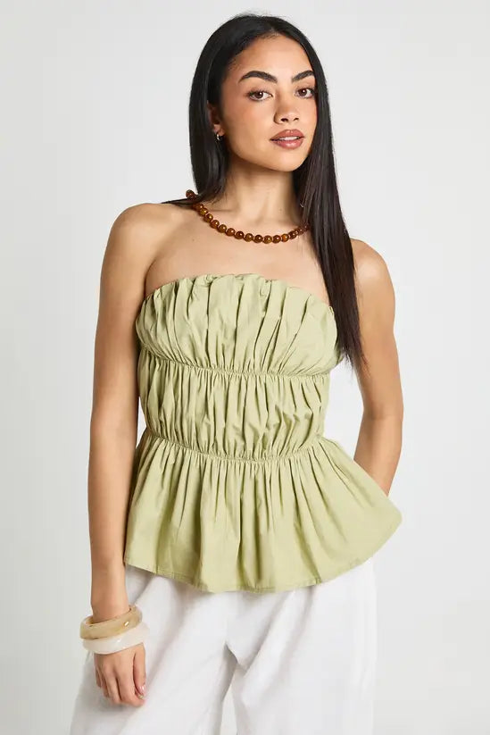 boohoo Poplin Shirred Bandaeu Top