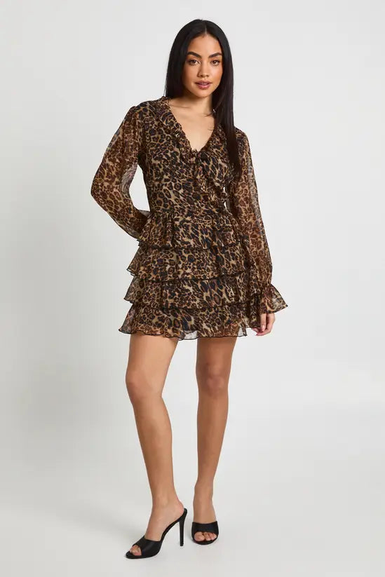 boohoo Chiffon Ruffle Detail Leopard Mini Dress