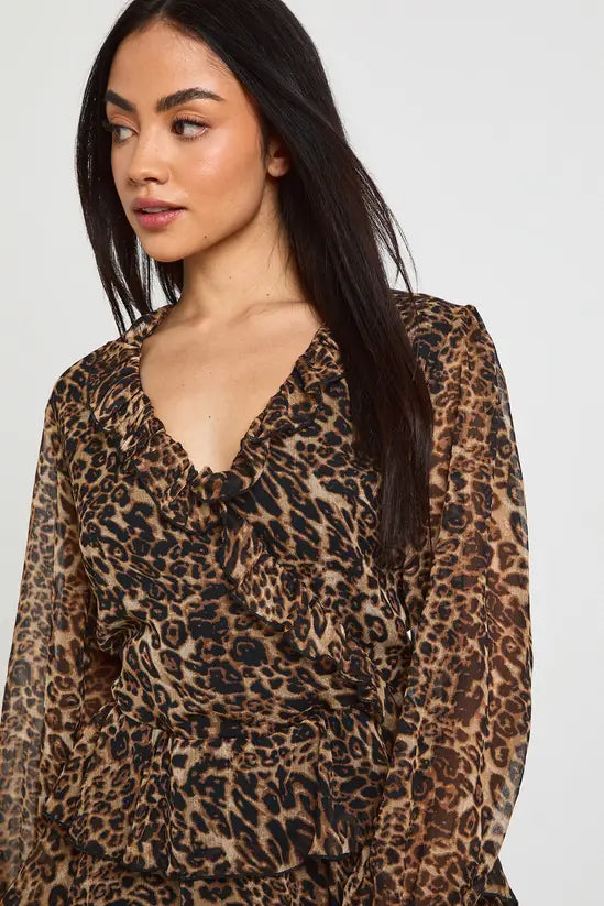 boohoo Chiffon Ruffle Detail Leopard Mini Dress