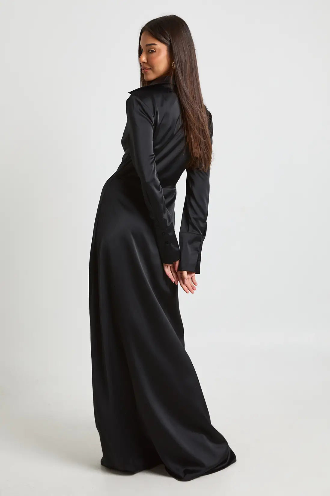 boohoo Satin Drape Waist Long Sleeve Maxi Shirt Dress