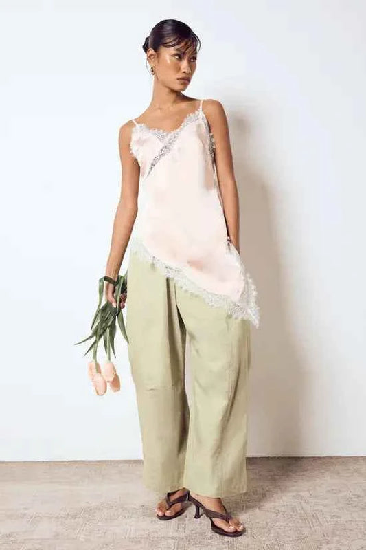 boohoo Asymmetric Hem Lace Satin Cami Top