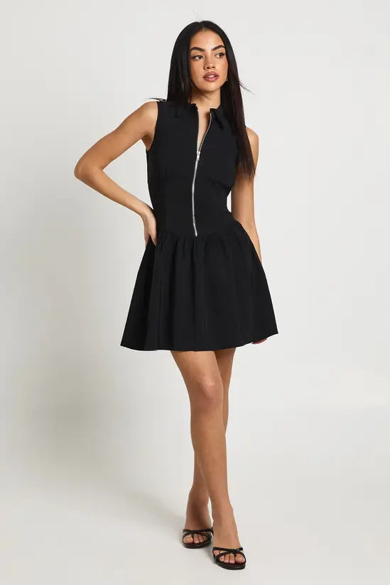 boohoo Bengaline Zip Up Frill Hem Shirt Dress