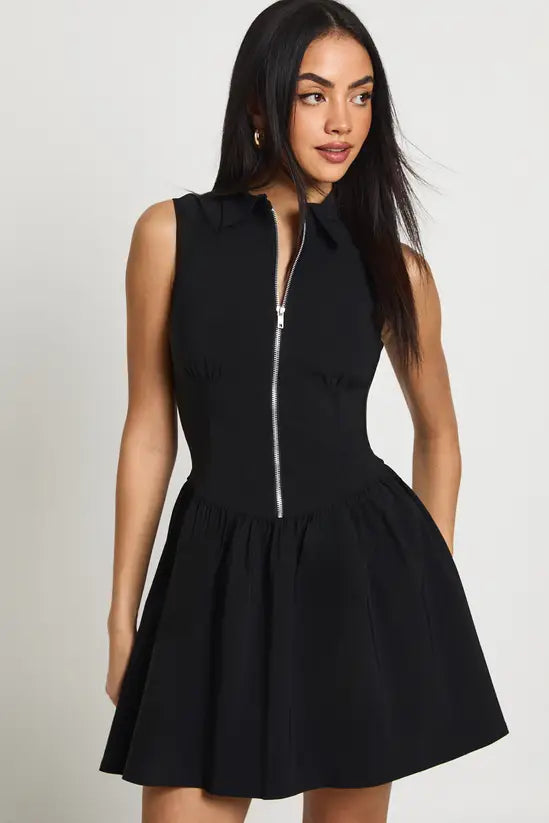 boohoo Bengaline Zip Up Frill Hem Shirt Dress