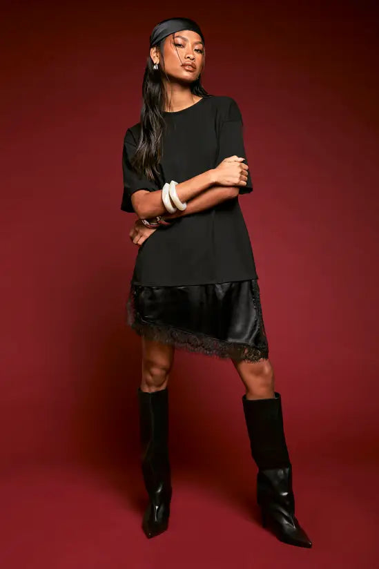 Boohoo - Asymmetric Satin and Lace Trim Oversized T Shirt