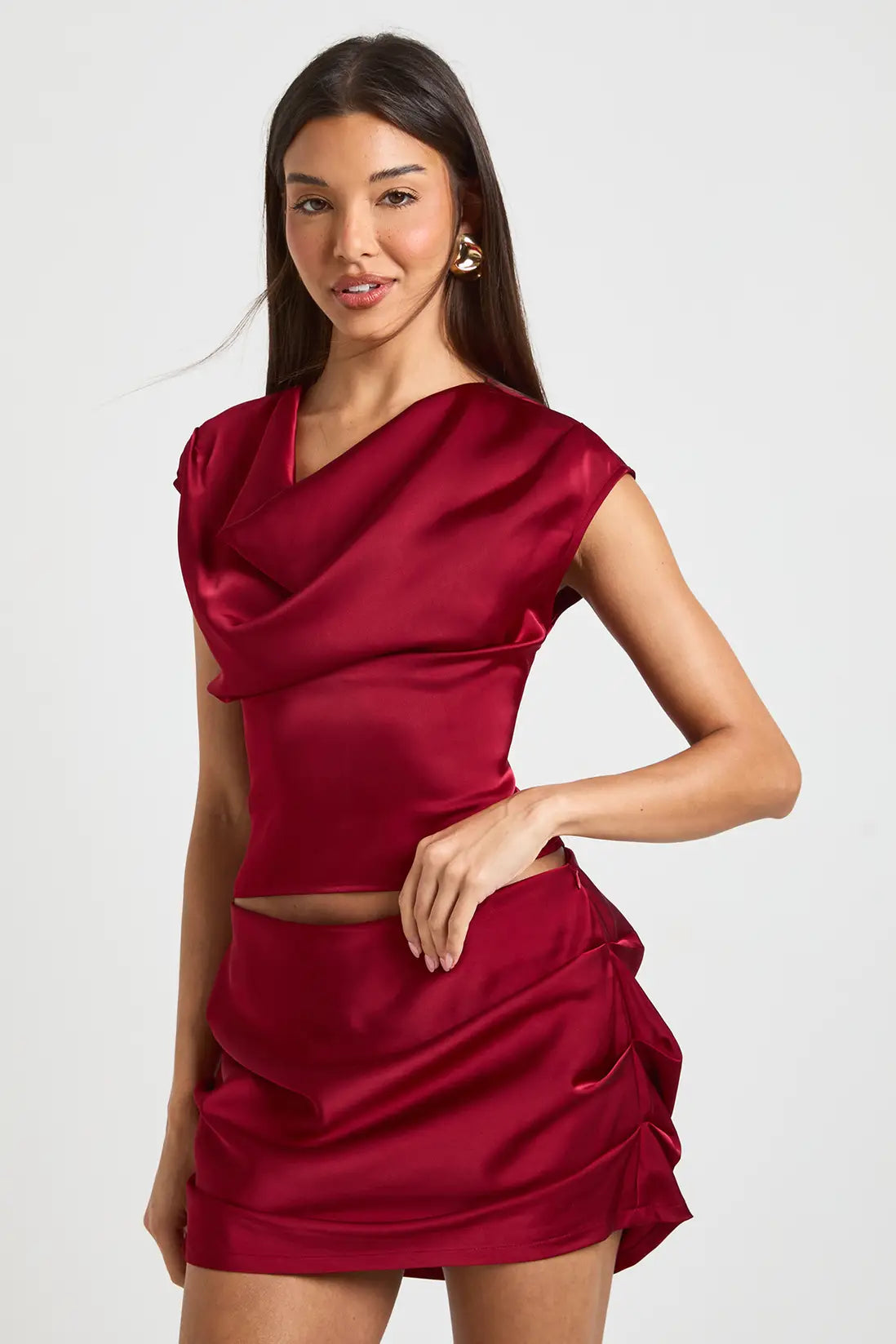 boohoo Satin Cowl Fitted Top