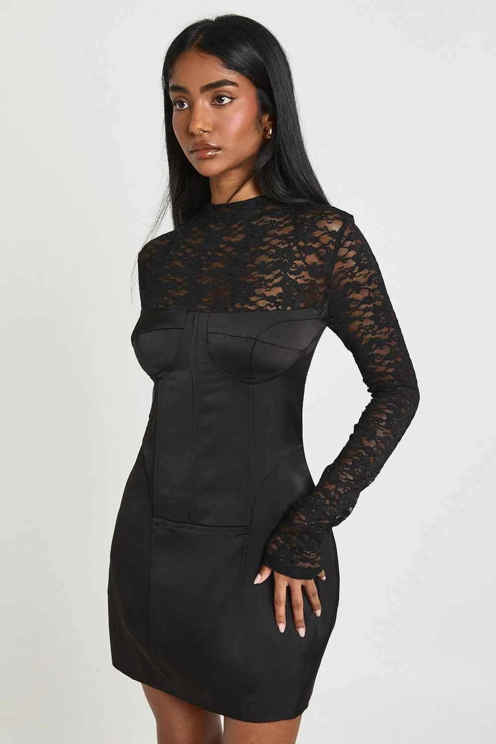 boohoo Lace High Neck Corset Mini Dress