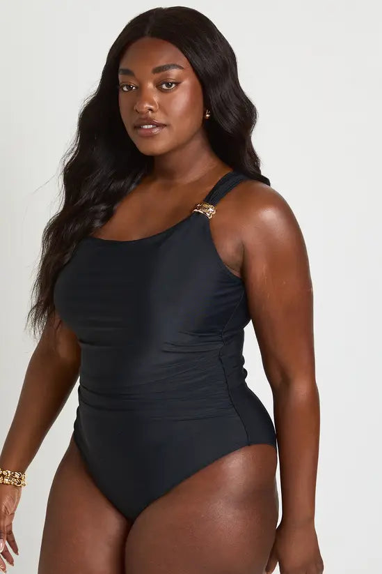 boohoo Plus Gold Trim One Shoulder Ruched Swimsuit