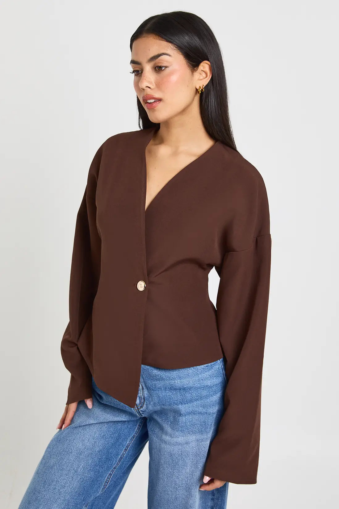boohoo Gold Button Long Sleeve Wrap Top