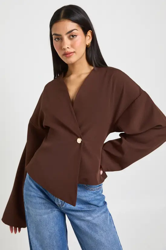 boohoo Gold Button Long Sleeve Wrap Top