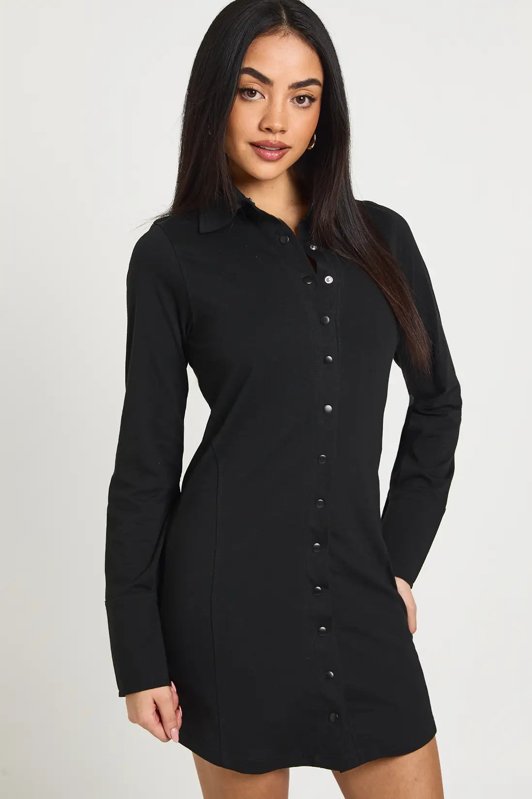 Boohoo Popper Front Collared Long Sleeve Dress