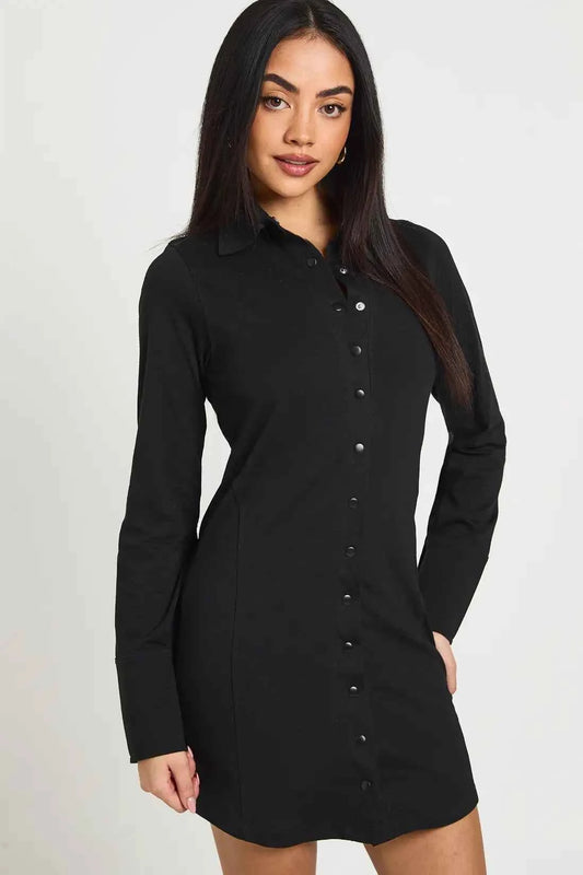 Boohoo Popper Front Collared Long Sleeve Dress