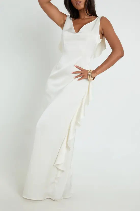 boohoo Matte Satin Ruffle Back Slip Dress