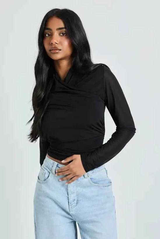 boohoo Sheer Textured Wrap Neck Long Sleeve Top