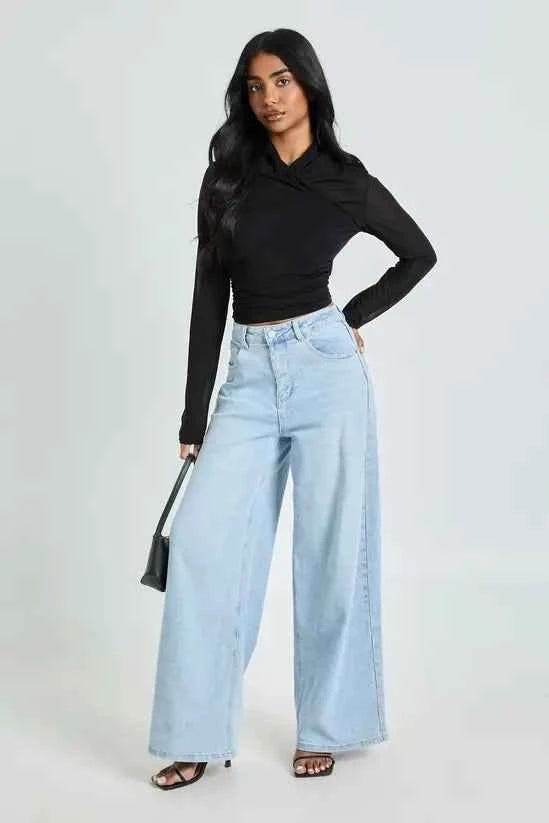boohoo Sheer Textured Wrap Neck Long Sleeve Top